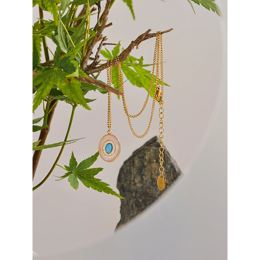 Yhpup Fashion Natural Shell Stone Cubic Zircon Chic Pendant Necklace Vintage Stainless Steel Waterproof Luxury Jewelry Gift