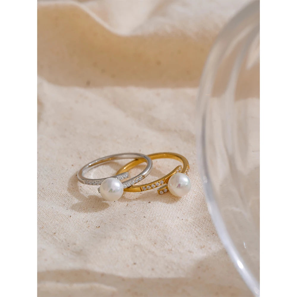 Yhpup Korean Style Imitation Pearls Chic Zirconia Thin Ring for Women Stainless Steel High Quality Fashion Finger Jewelry Gift
