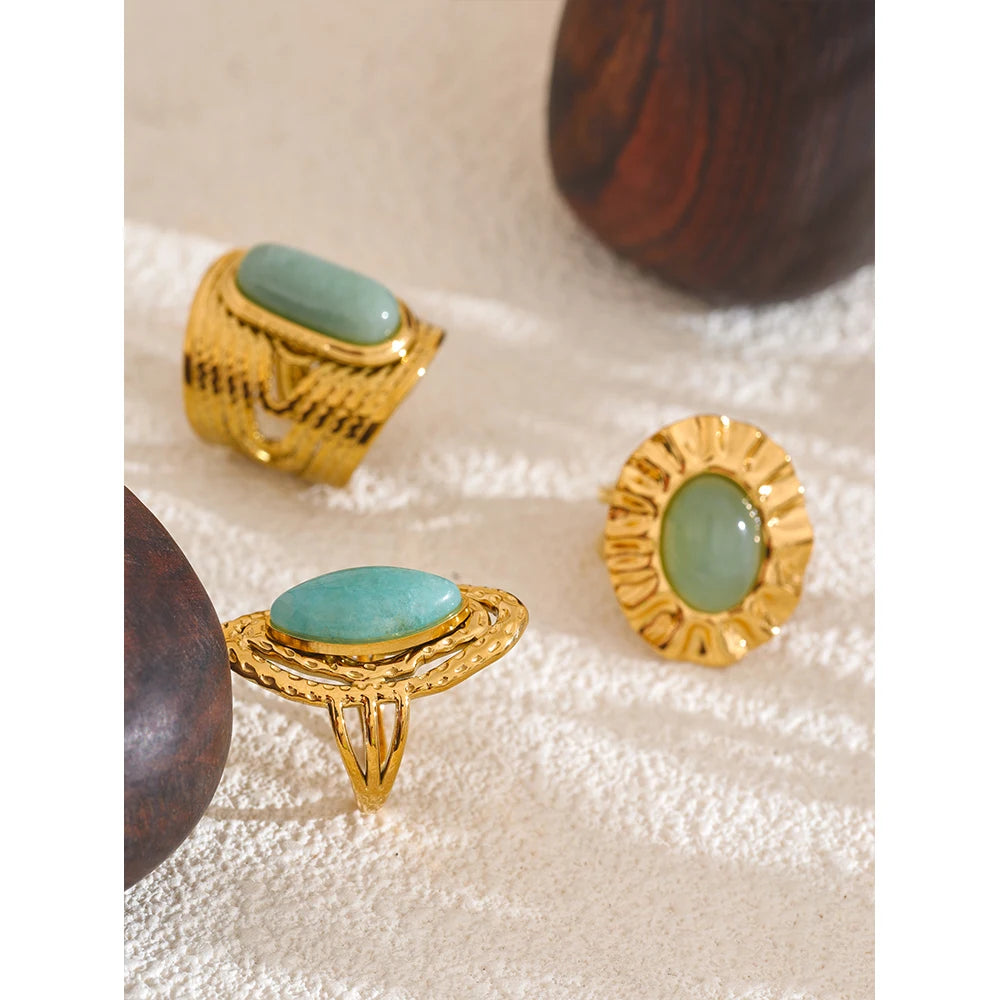 Yhpup Green Natural Stone Fashion Open Ring Adjustable Stainless Steel Golden Geometric Daily Statement Jewelry Accessories Gift