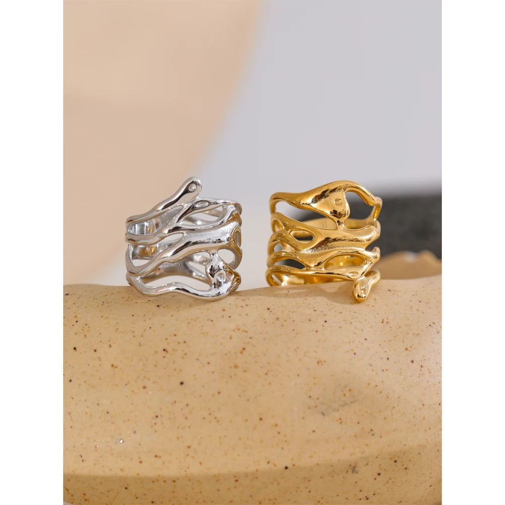 Yhpup 6789# Trendy 316L Stainless Steel Layered Hollow Geometric Wide Ring Gold Silver Color 18K PVD Plated Fashion Jewelry Gift