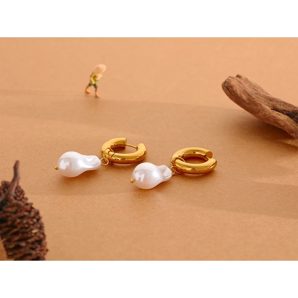 Yhpup Circle Drop Baroque Imitation Pearls Stainless Steel Trendy Gold Color Hoop Earrings Charm Vintage Trendy Jewelry Women
