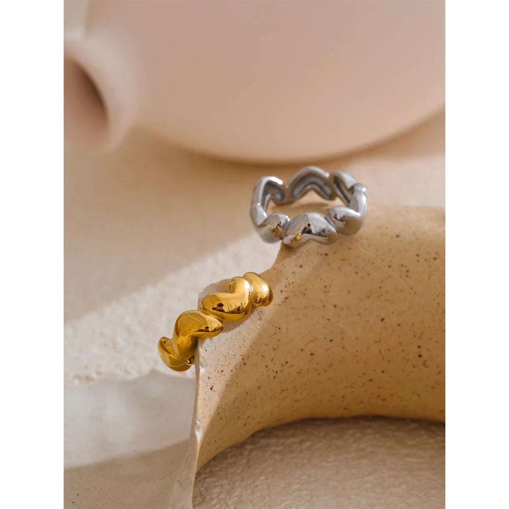 Yhpup 7# 18K PVD Plated Metal Heart Love Casting Open Ring Gold Silver Color Stainless Steel Popular Fashion Jewelry for Women