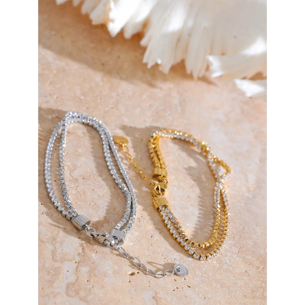 Yhpup Stainless Steel Shiny Cubic Zirconia Bracelet with Extended Chain Adjustable Wrist Gold Platinum Color Jewelry Waterproof