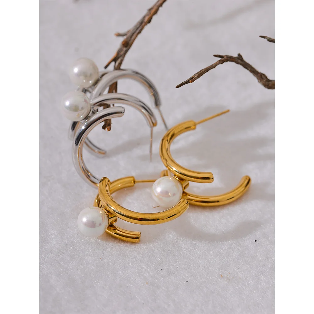 Yhpup Trendy Imitation Pearls Stainless Steel Geometric Huggie Earrings Korean Temperament Anti Allergic Versatile Jewelry New