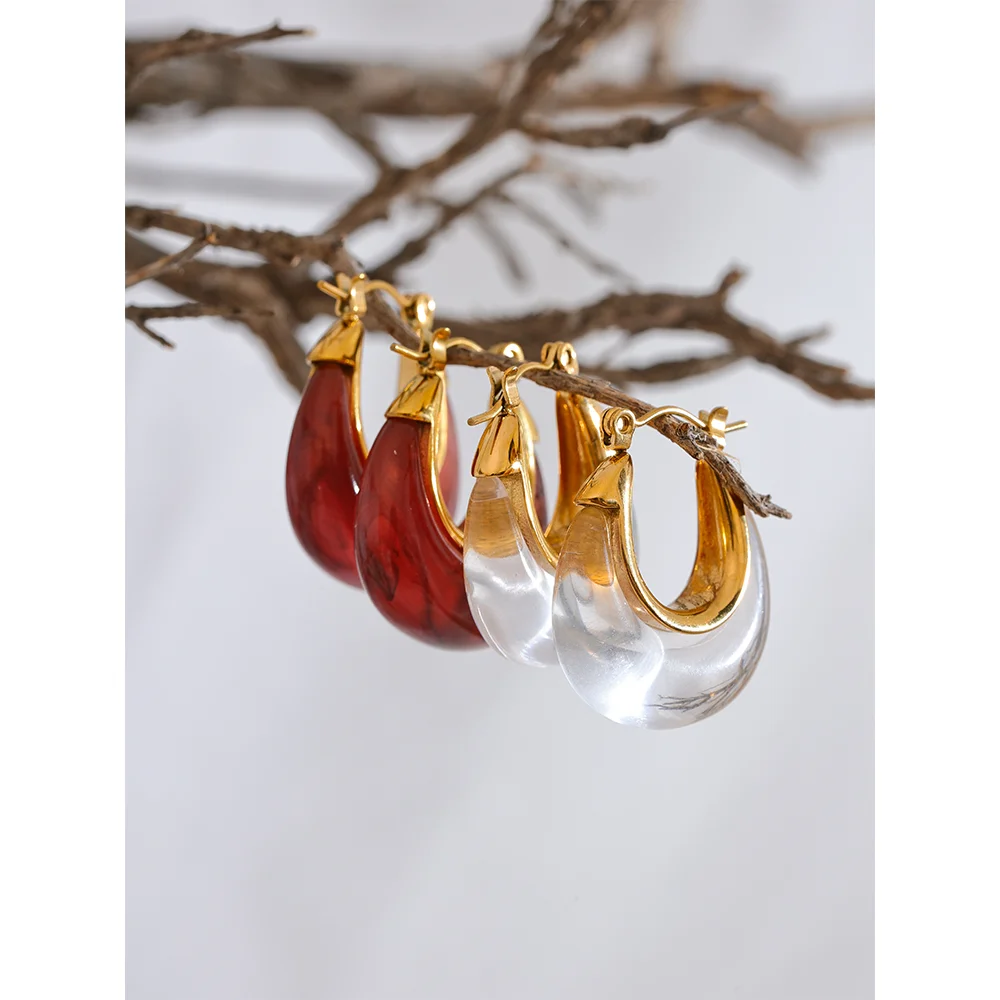 Yhpup Fashion Stainless Steel Acetic Acid Resin Hollow Chunky Hoop Earrings for Women Prevent Allergy Charms Jewelry Party Gift