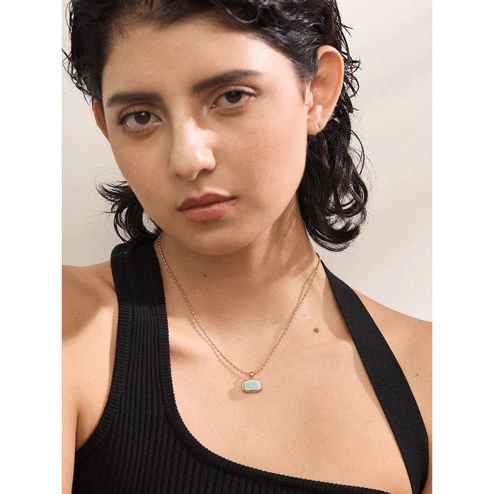 Yhpup Amazonite Square Natural Stone Stylish Pendant Stainless Steel Necklace Chic Exclusive Waterproof High Quality Jewelry