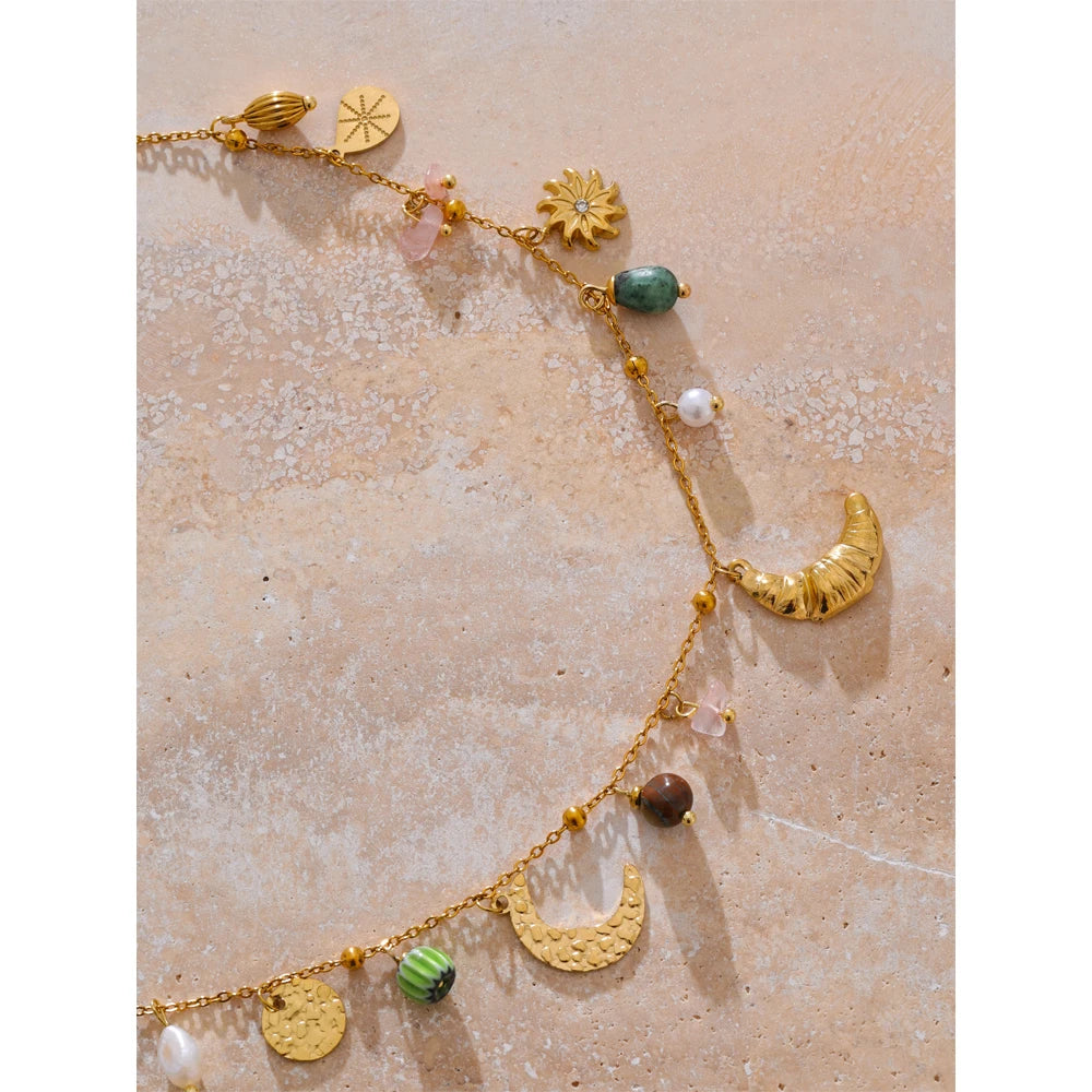 Yhpup Stainless Steel Moon Croissant Flower Natural Stone Pearls Drop Handmade Trendy Necklace for Women Fashion Collar Jewelry