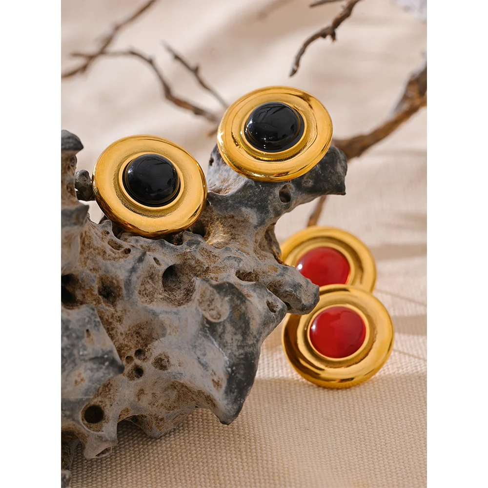 Yhpup Red Black Natural Stone Stainless Steel Round Stud Earrings for Women Gold Color Fashion Statement Jewelry Waterproof Gift