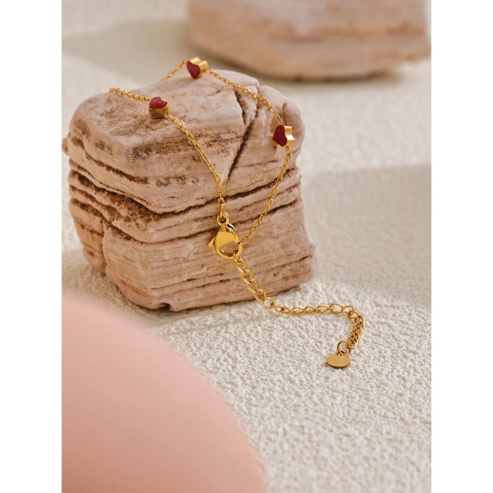 Yhpup Double Side Enamel Heart Chain Chic Bracelet Bangle Gift Stainless Steel Fashion Charm Korean Golden Jewelry Women