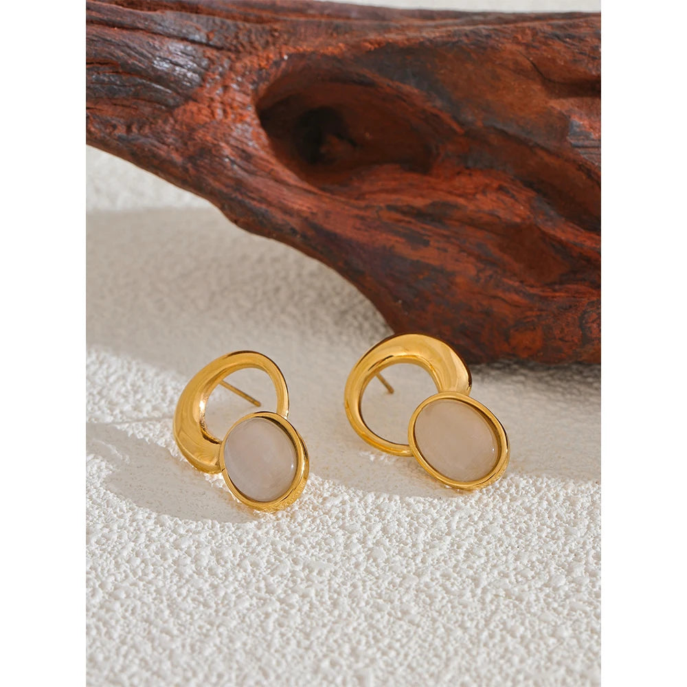 Yhpup Fashion Natural Stone Golden Stud Earrings for Women Stainless Steel Versatile Daily Korean Waterproof Jewelry Bijoux