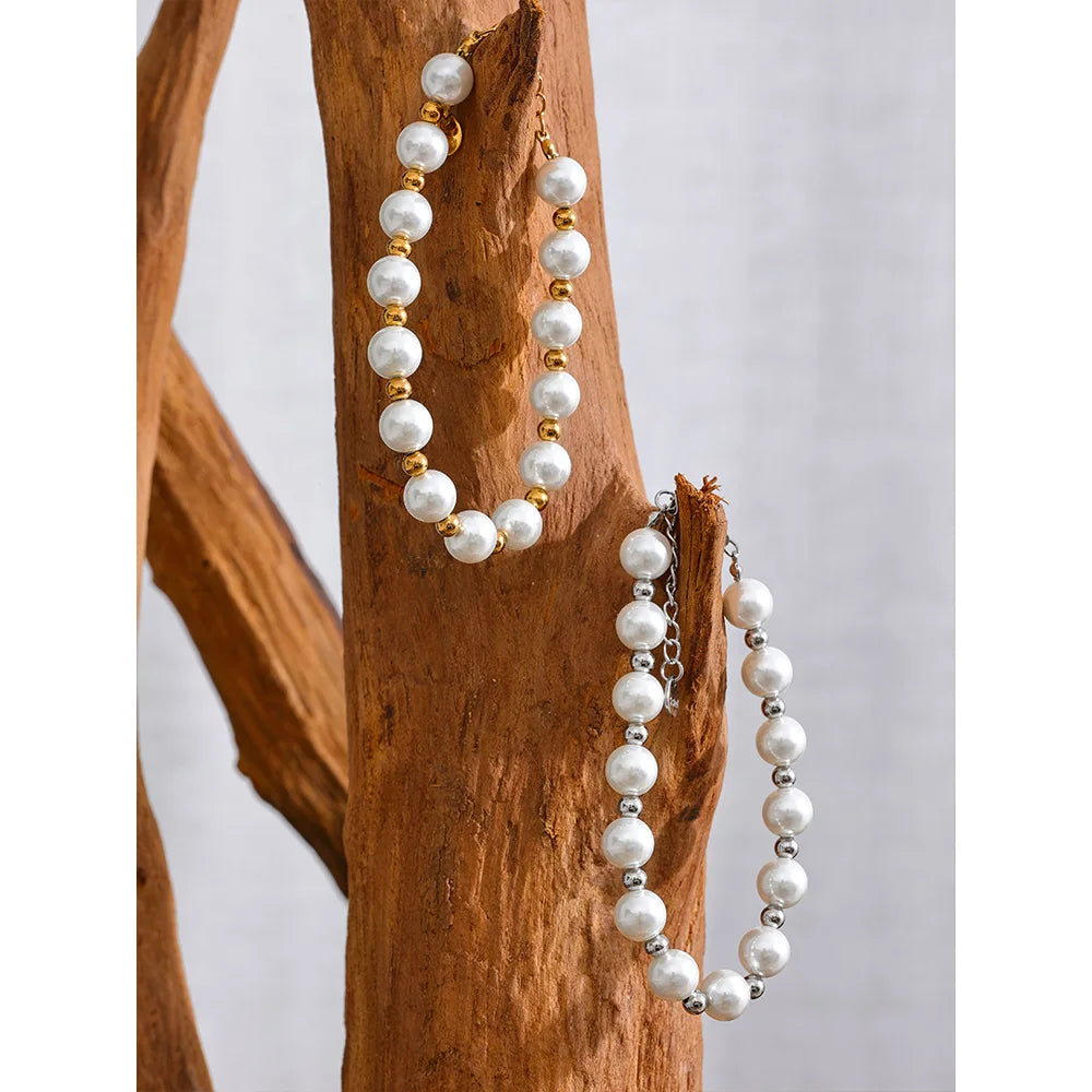 Yhpup Japan Imitation Pearls Handmade Chain Bracelet Bangle Stainless Steel Bead Elegant Stylish Korean Trend Jewelry Waterproof