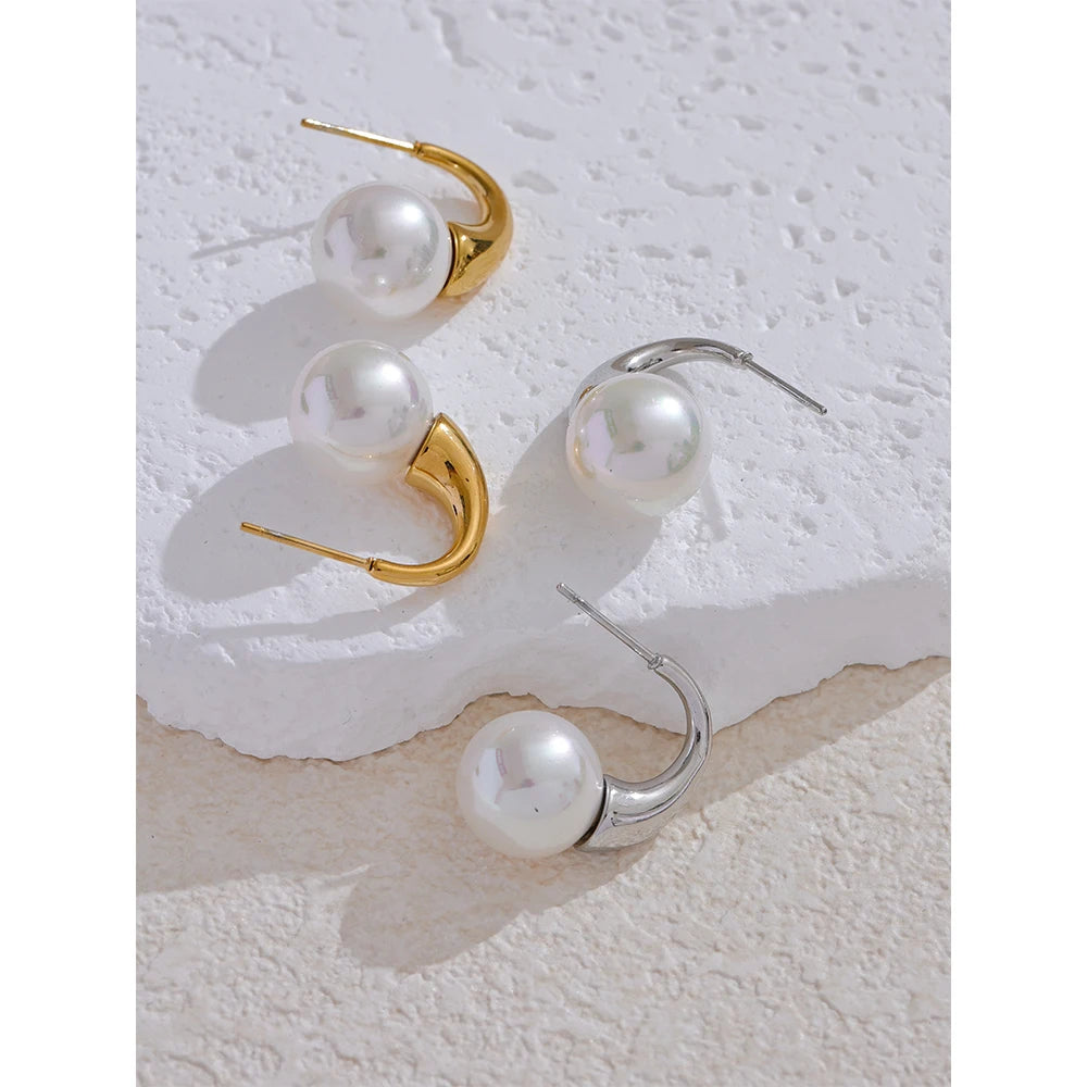Yhpup Popular Imitation Pearls Stainless Steel Round Geometric High Quality Earrings Korean Daily Fashion Jewelry for Women