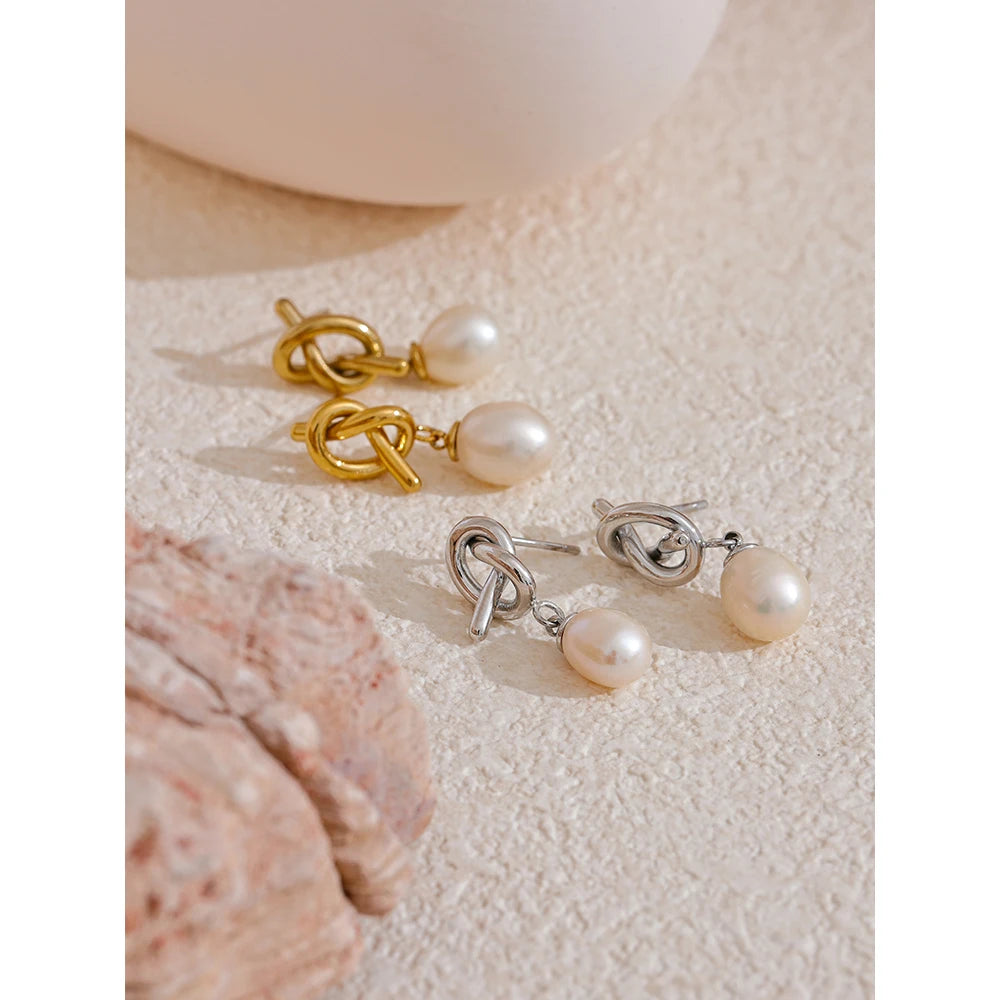 Yhpup Luxury Natural Freshwater Pearl Knot Drop Earrings Trendy Stainless Steel Exquisite High Quality Versatile Jewelry Gift