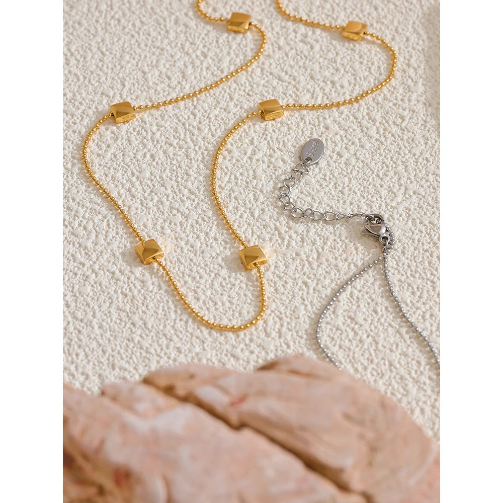 Yhpup New 316L Stainless Steel Square Beads Chain Necklace Rust Proof Exquisite Daily Chic Women Waterproof Jewelry Gift