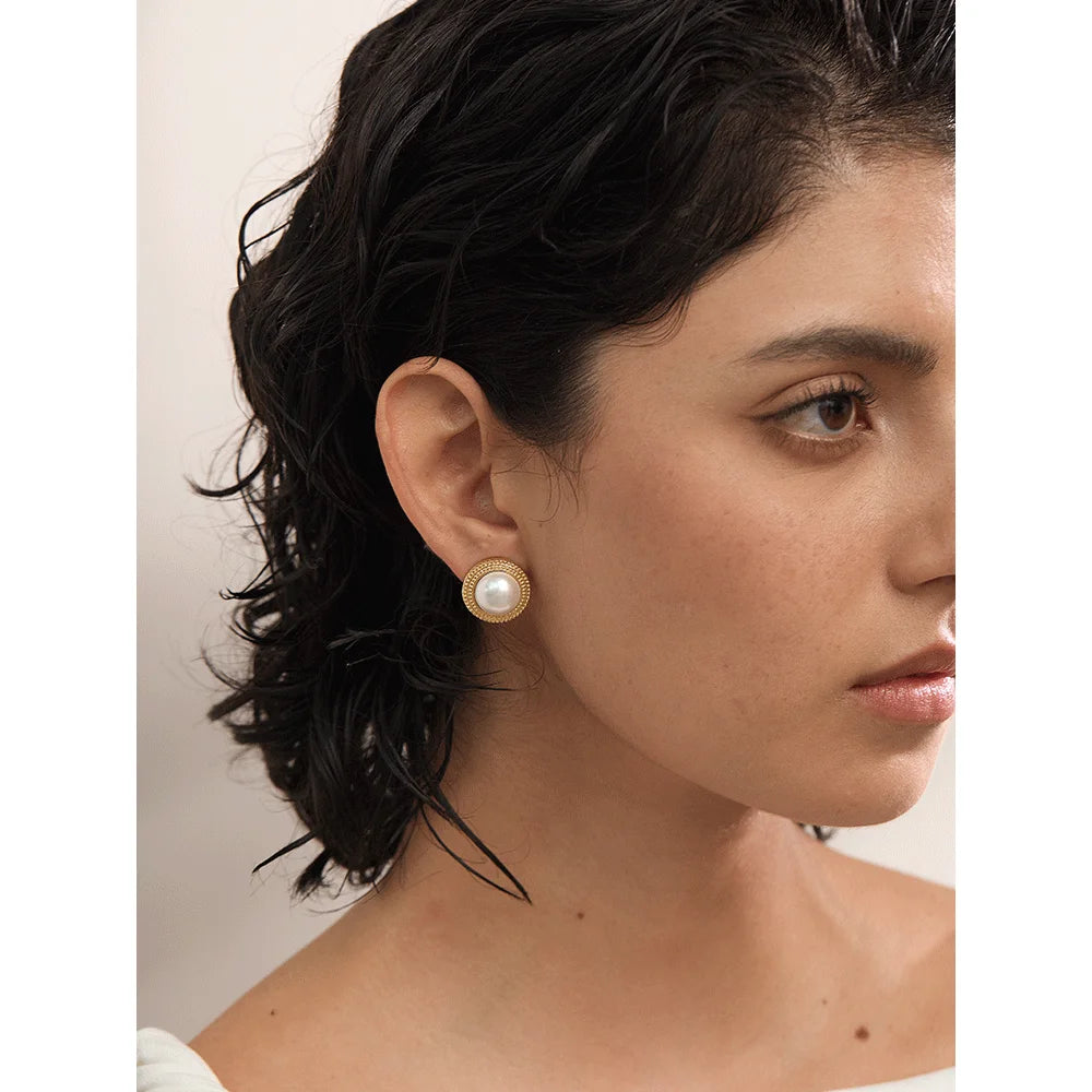 Yhpup Korean Imitation Pearls Round Stud Earrings Anti Allergic Elegant Classic Daily Fashion Gold & Platinum PVD Plated Jewelry