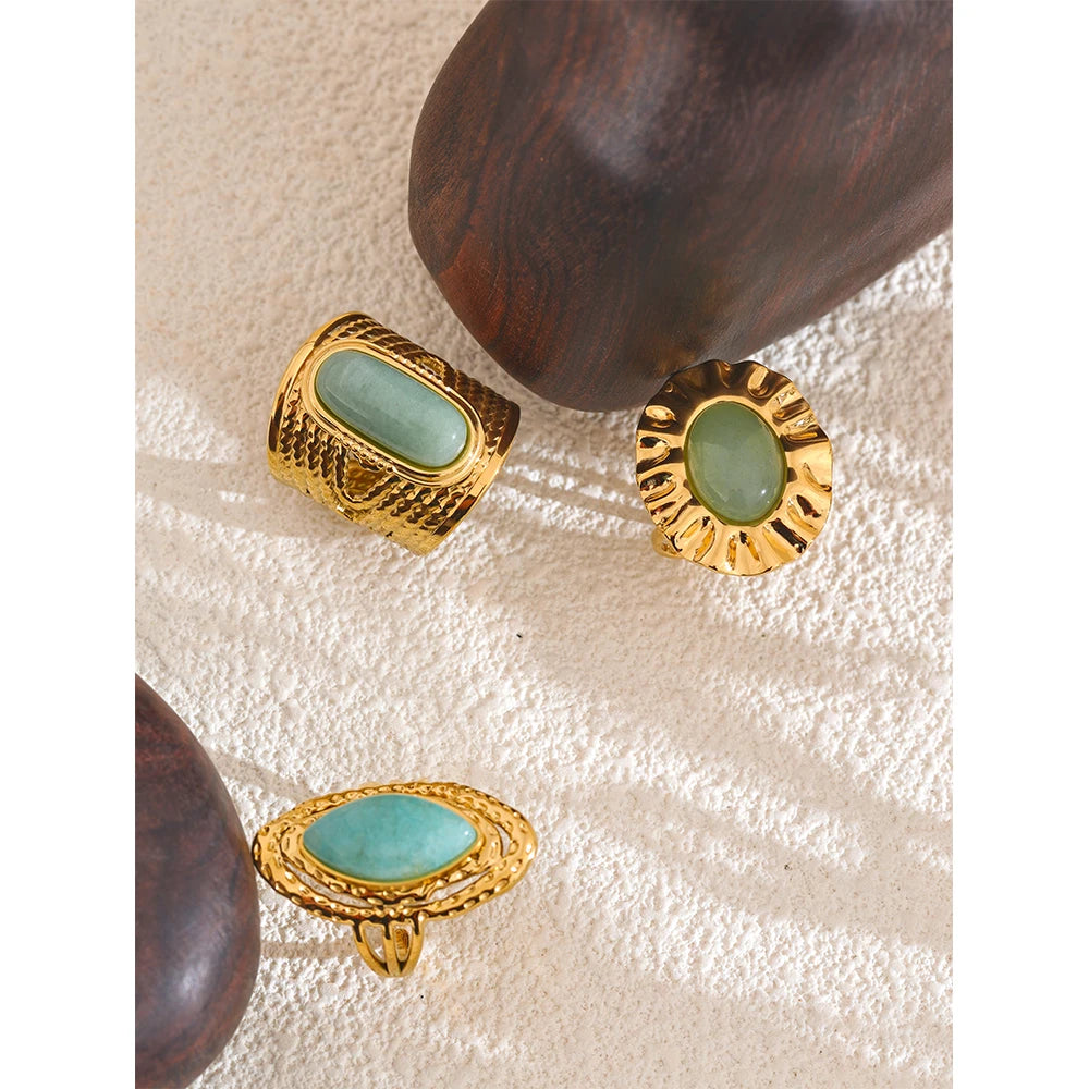 Yhpup Green Natural Stone Fashion Open Ring Adjustable Stainless Steel Golden Geometric Daily Statement Jewelry Accessories Gift