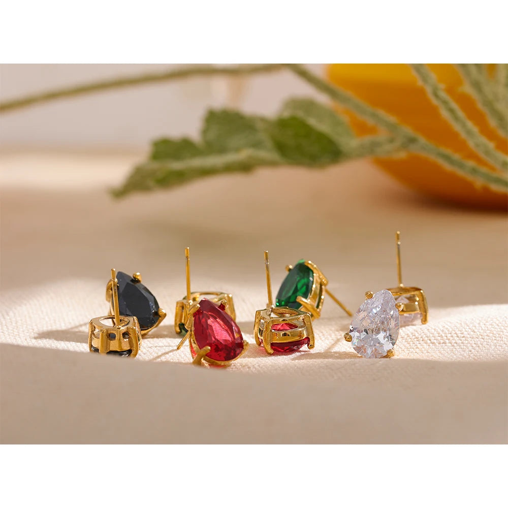 Yhpup Shinny AAA Cubic Zirconia Stainless Steel Water Drop Stud Earrings Women 18k Gold Plated Waterproof Fashion Bling Jewelry
