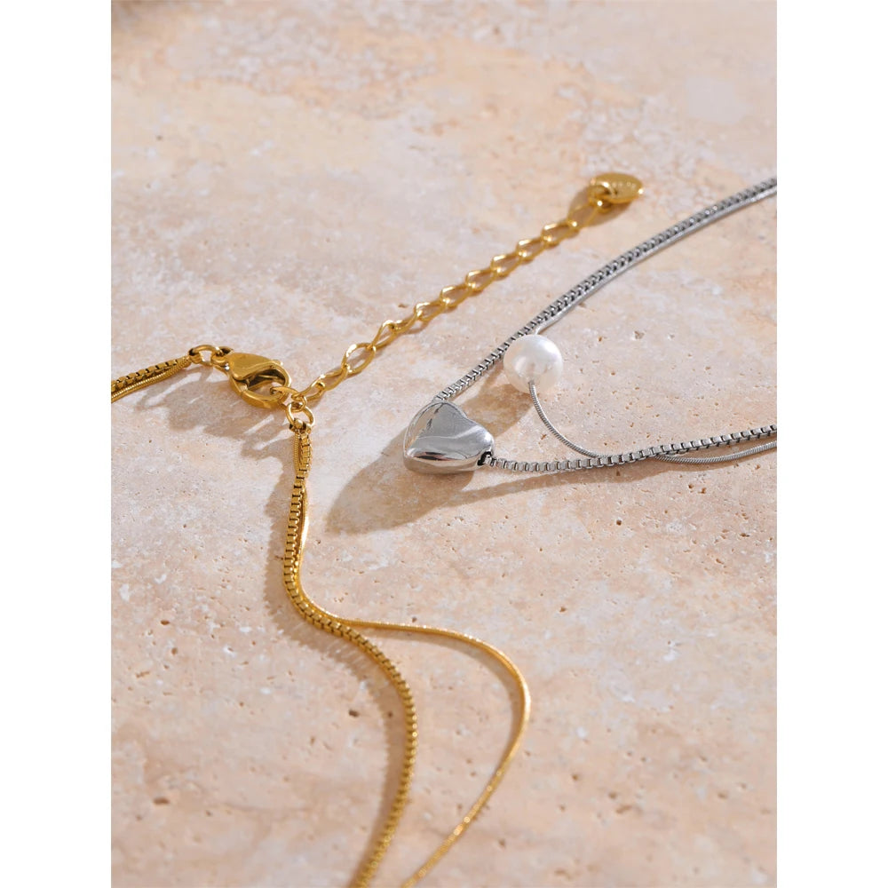 Yhpup Fashion Stainless Steel Double-Layer Chain Heart Imitation Pearl Pendant Stacking Necklace for Women Rust Proof Jewelry