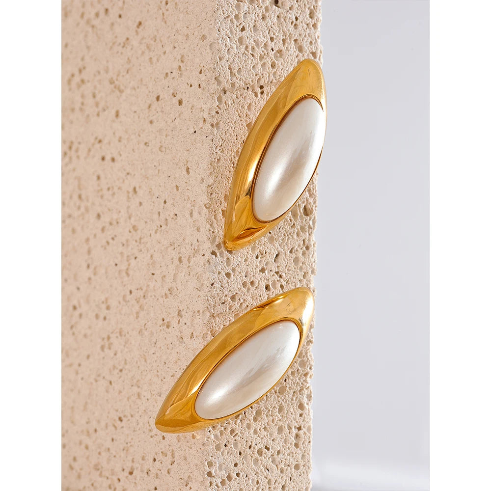 Yhpup Exclusive Elegant Imitation Pearls Oval Golden Big Stud Earrings Women Handsome Stainless Steel Temperament Jewelry