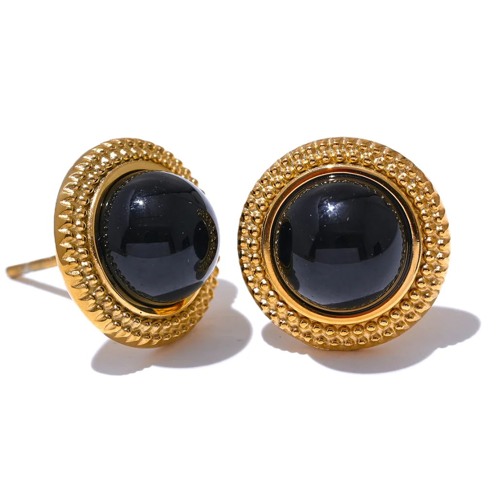 Yhpup Exquisite Natural Stone Stainless Steel Round Small Stud Earrings Waterproof Trendy High Quality Daily Jewelry Bijoux