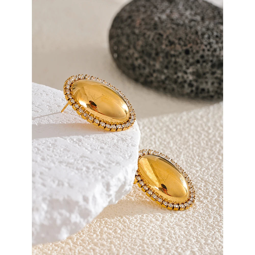 Yhpup Shiny Cubic Zirconia Smooth Metal Oval Stud Earrings 316L Stainless Steel Fashion Jewelry Prevent Allergy