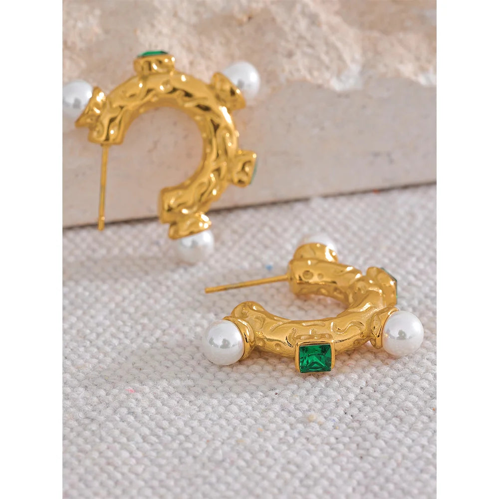 Yhpup Stainless Steel Imitation Pearl Green Cubic Zirconia Hoop Earrings for Women 18K PVD Plated Vintage Fashion Jewelry Gift