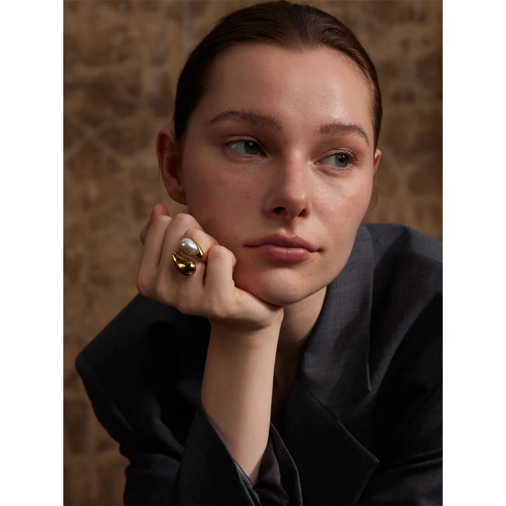 Yhpup Fashion Imitation Pearl Water Drop Finger Adjustable Ring Women 316L Stainless Steel Elegant Gold Platinum Plated Jewelry