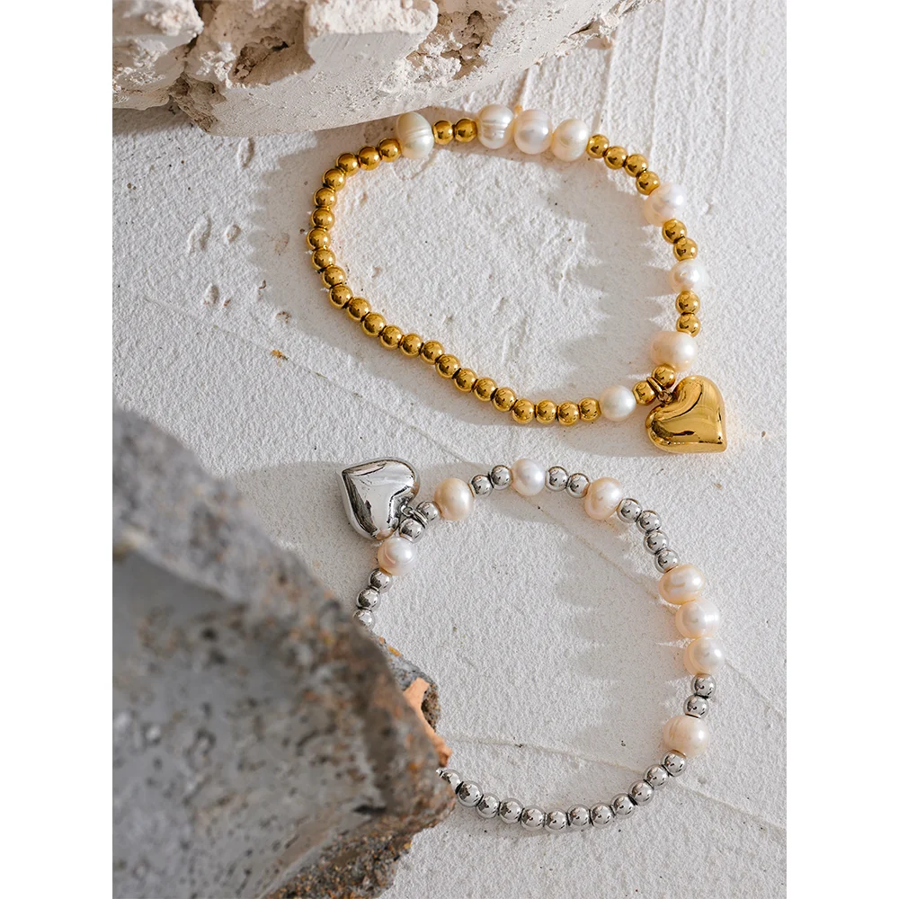 Yhpup Stainless Steel Natural Pearl Round Beads Chain Drop Heart Elastic Bracelet Bangle High-Grade Fashion Women Jewelry Bijoux