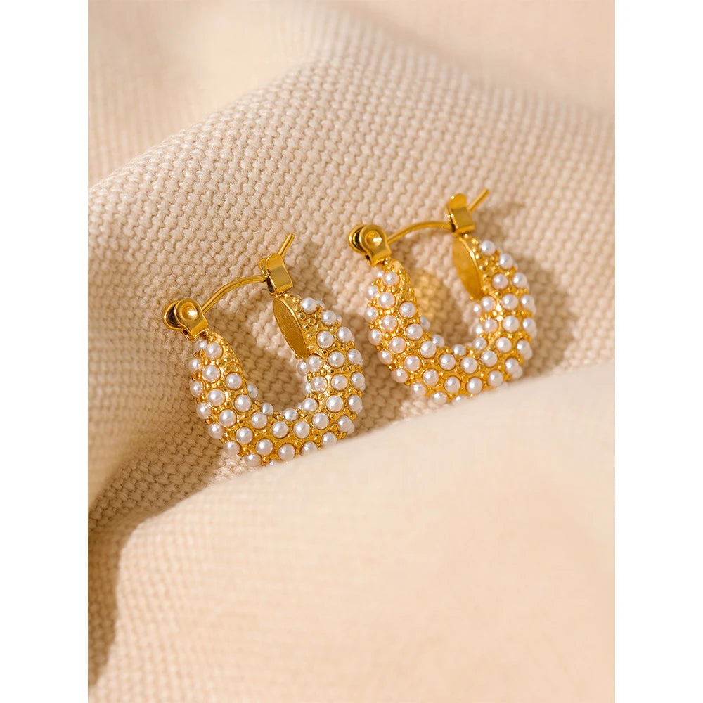 Yhpup Stainless Steel Luxury Small Hoop Earrings Vintage Delicate Imitation Pearls Texture Gold Color Waterproof Fashion Jewelry
