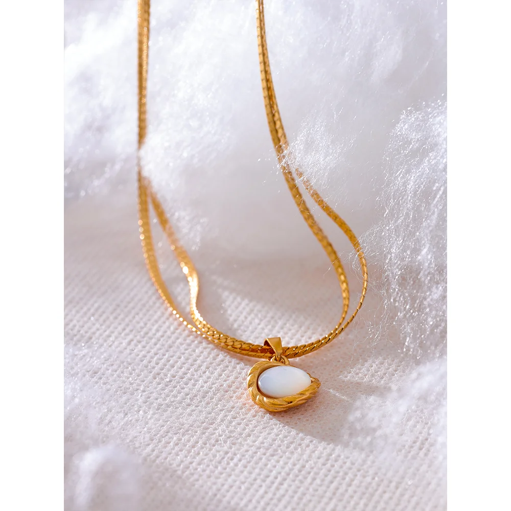 Yhpup Stylish Natural Shell Round Chic Pendant Necklace Water Resistant Stainless Steel Elegant Chain Temperament Jewelry Gift