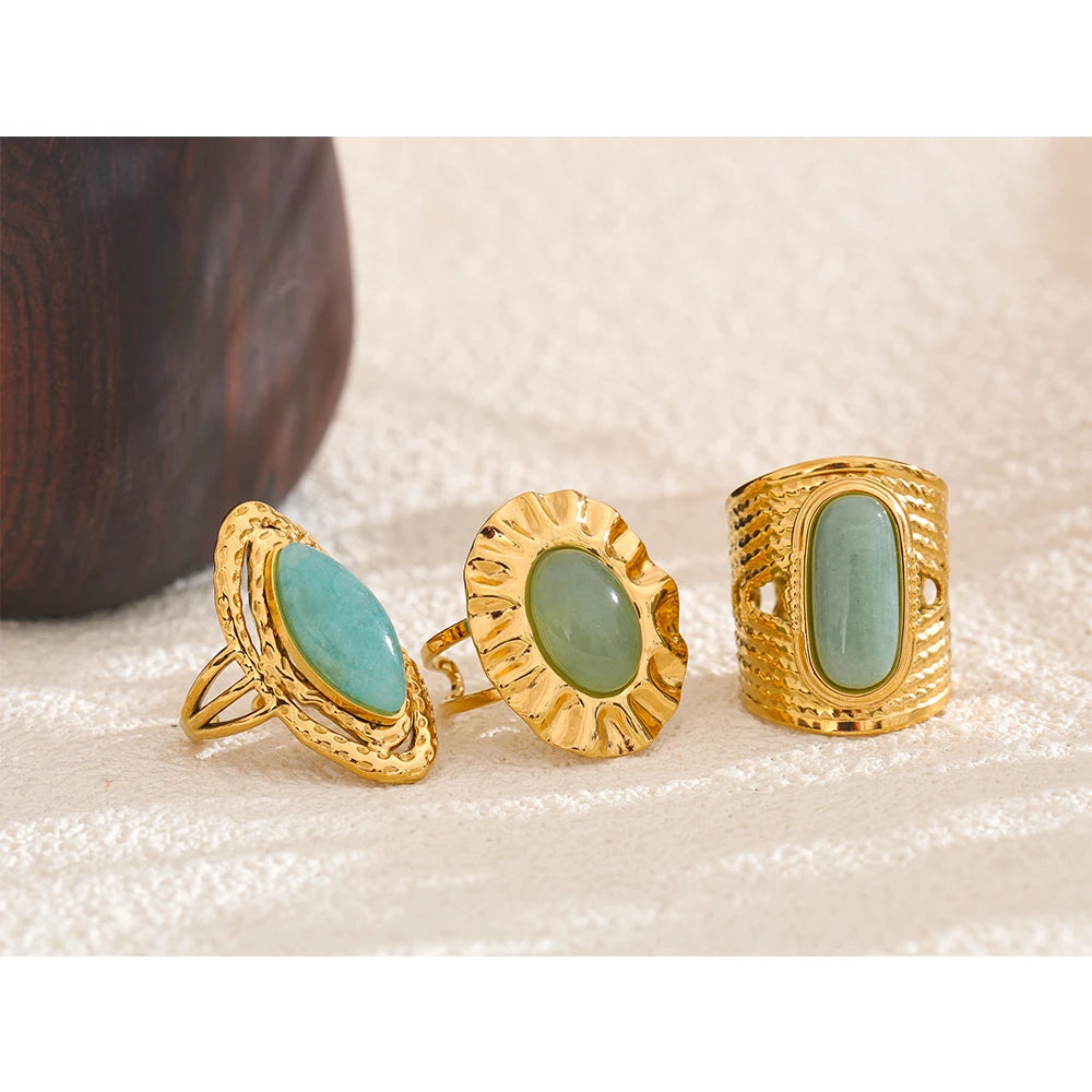 Yhpup Green Natural Stone Fashion Open Ring Adjustable Stainless Steel Golden Geometric Daily Statement Jewelry Accessories Gift