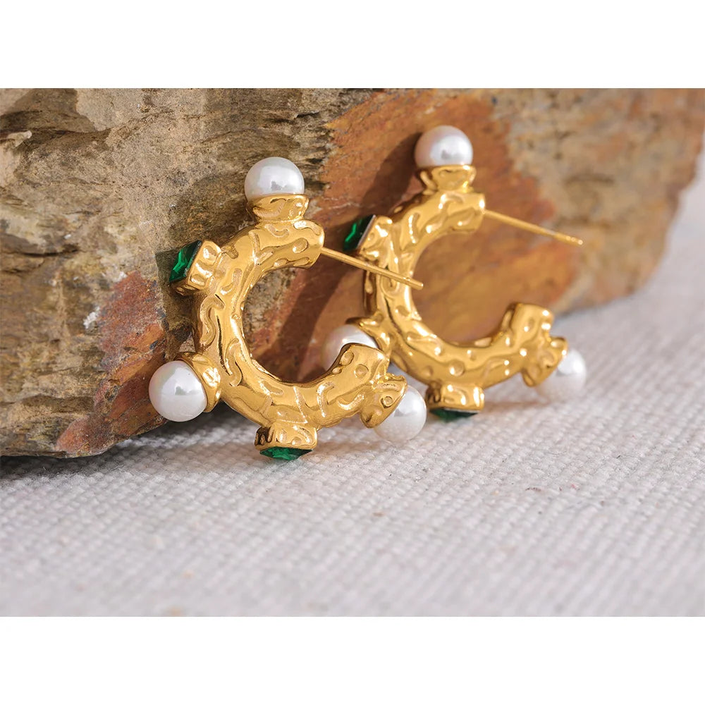 Yhpup Stainless Steel Imitation Pearl Green Cubic Zirconia Hoop Earrings for Women 18K PVD Plated Vintage Fashion Jewelry Gift