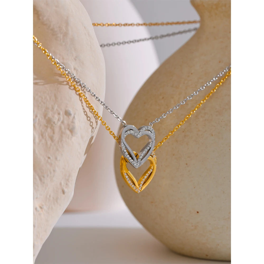 Yhpup Fashion Stainless Steel Zirconia Heart Love Hollow Pendant Necklace for Women Exquisite Romantic Jewelry Girlfriend Gift