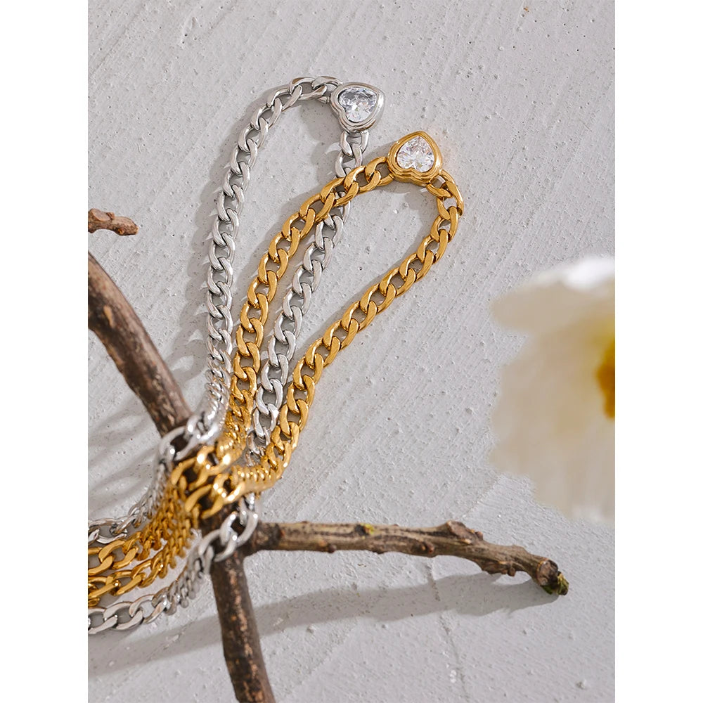 Yhpup Stainless Steel Golden Chain Link Heart Bling Zirconia Pendant Necklace 18K PVD Plated Waterproof Fashion Jewelry Unisex