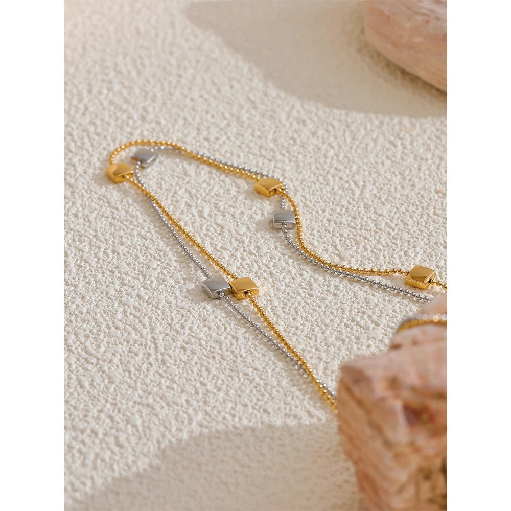 Yhpup New 316L Stainless Steel Square Beads Chain Necklace Rust Proof Exquisite Daily Chic Women Waterproof Jewelry Gift
