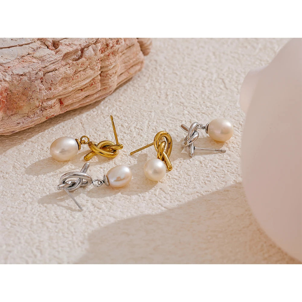 Yhpup Luxury Natural Freshwater Pearl Knot Drop Earrings Trendy Stainless Steel Exquisite High Quality Versatile Jewelry Gift