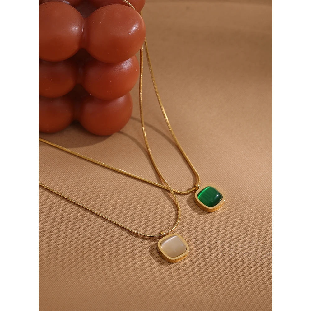 Yhpup Square Green Opal Stone Pendant Drop Dangle Necklace for Women Charm Jewelry Minimalist Geometric Stainless Steel Necklace