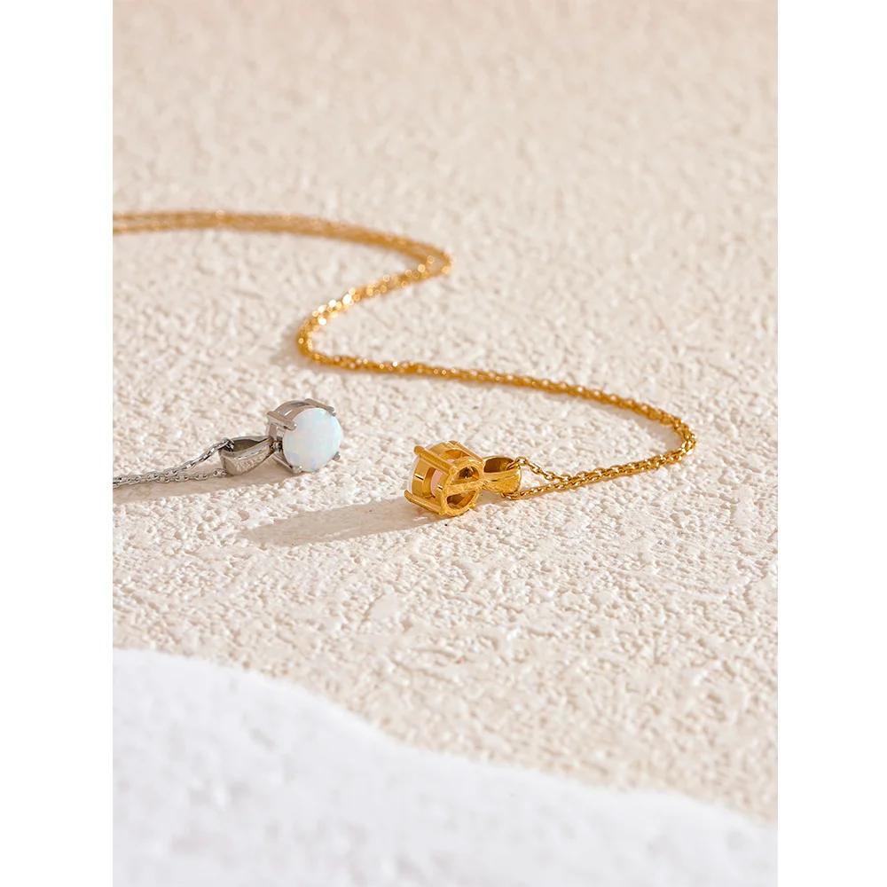 Yhpup Exquisite Round Opal Stone Pendant Necklace for Women Stainless Steel Korean Style Fashion Temperament Neck Jewelry