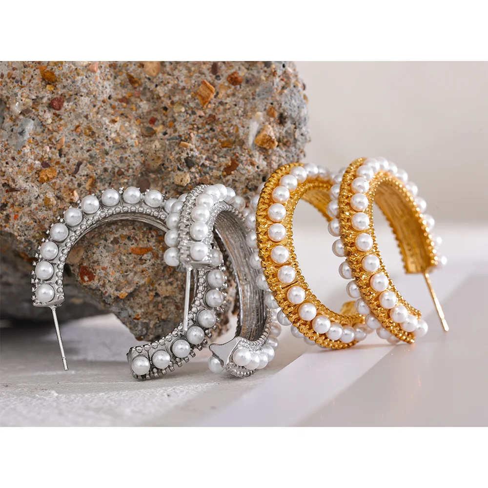 Yhpup Elegant Imitation Pearls Stainless Steel C Shape Geometric Hoop Huggie Earrings Vintage Metal Charm Stylish Jewelry Bijoux