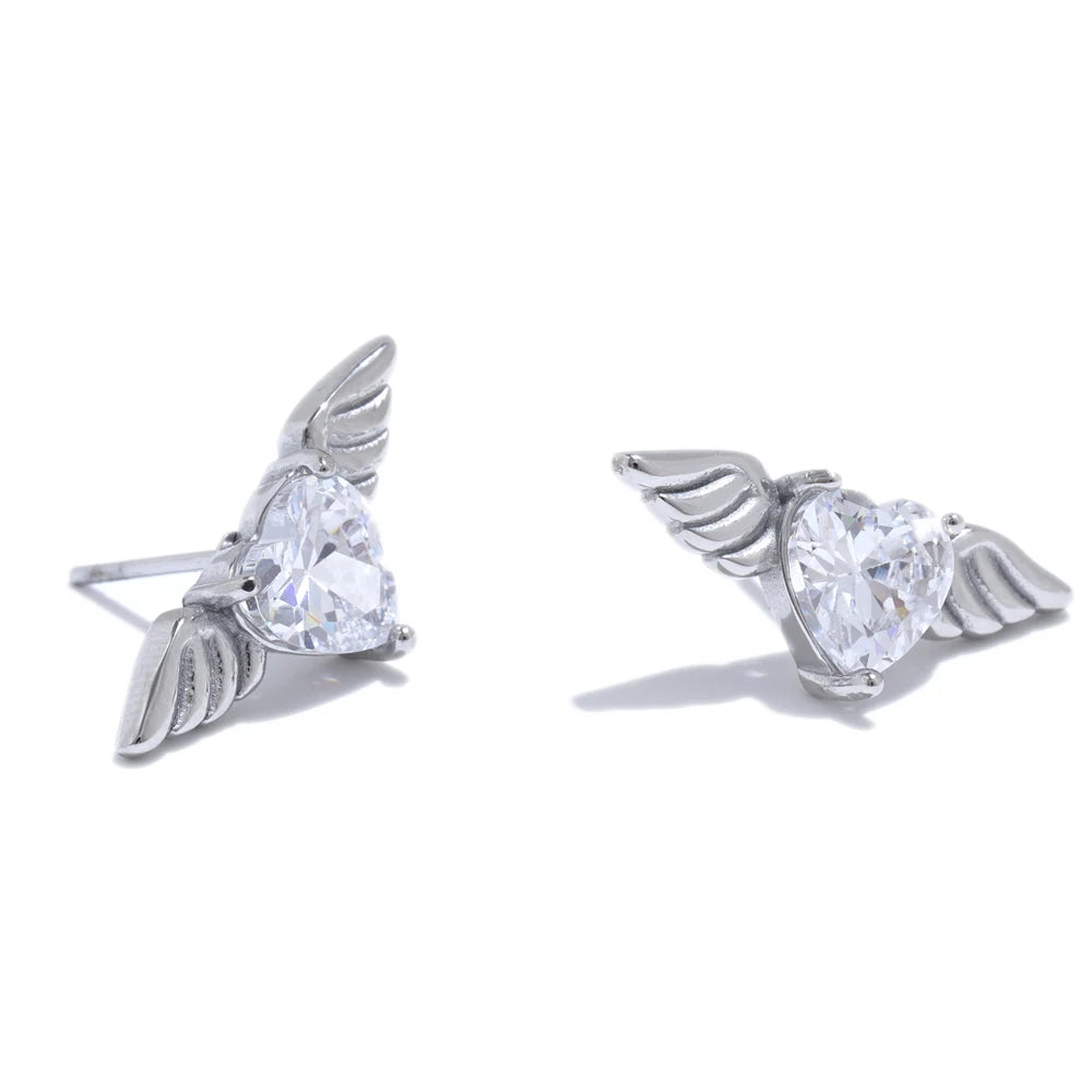 Yhpup Fashion Stainless Steel Shiny Cubic Zirconia Wing Stud Earrings for Women Prevent Allergy Chic Daily Jewelry Gift