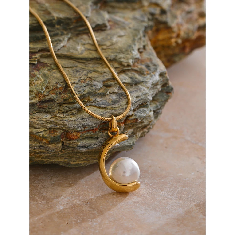 Yhpup Elegant Imitation Pearls Geometric Pendant Necklace for Women Stainless Steel Korean Style Fashion Jewelry