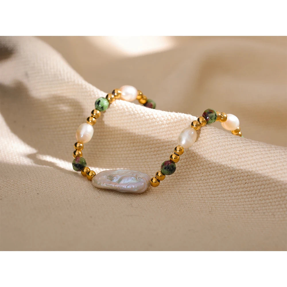 Yhpup Luxury Baroque Natural Epidote Stone Freshwater Pearls Handmade Stainless Steel Beads Bracelet Bangle PVD Jewelry Women
