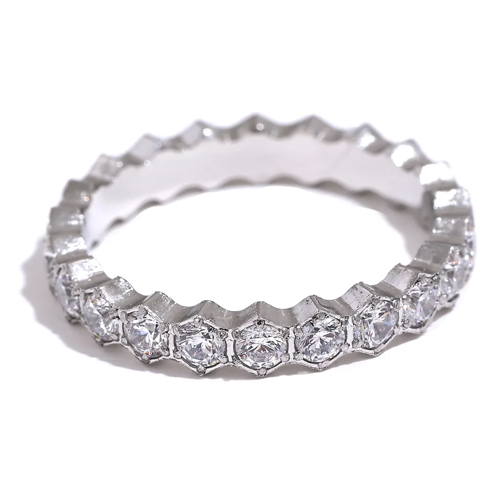 Yhpup Exquisite White Cubic Zirconia Bling Stainless Steel Classic Thin Chic Ring Luxury Engagement Wedding Fashion Jewelry Gift