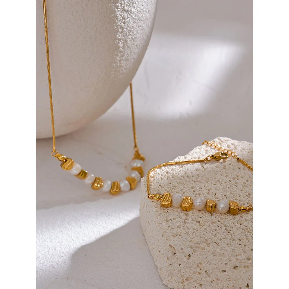 Yhpup Natural Freshwater Pearl Stainless Steel Beads Chain Necklace Bracelet Bangle Gold Color Vintage Handmade Jewelry Women