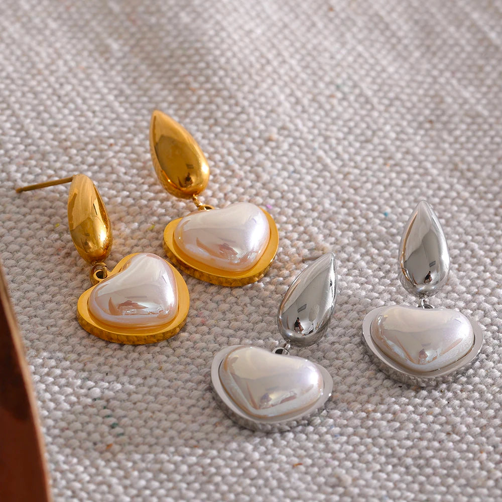 Yhpup Golden Elegant Imitation Pearls Heart Stainless Steel Drop Dangle Earrings Fashion Korean Trendy Charm Jewelry for Women
