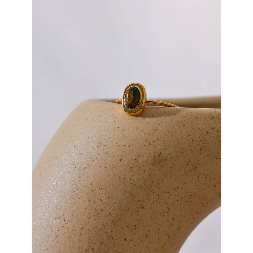 Yhpup Fashion Natural Stone Stainless Steel Oval Thin Chic Ring Women 18K PVD Plated Waterproof Jewelry Accessories Gift