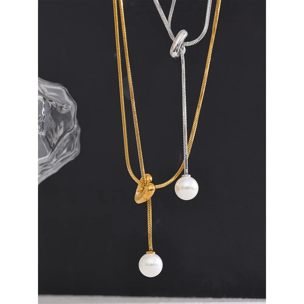 Yhpup 316l Stainless Steel Long Chain Heart Pendant Passed Chest Necklace Imitation Pearls Fashion Gold Silver Color Jewelry