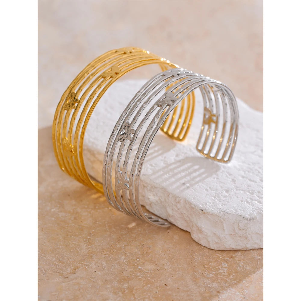 Yhpup Statement Stainless Steel Butterfly Hollow Wide Fashion Cuff Open Bracelet Bangle for Women Waterproof Jewelry New
