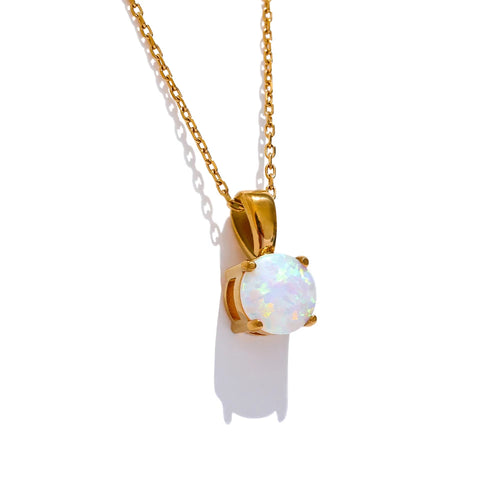 Yhpup Exquisite Round Opal Stone Pendant Necklace for Women Stainless Steel Korean Style Fashion Temperament Neck Jewelry