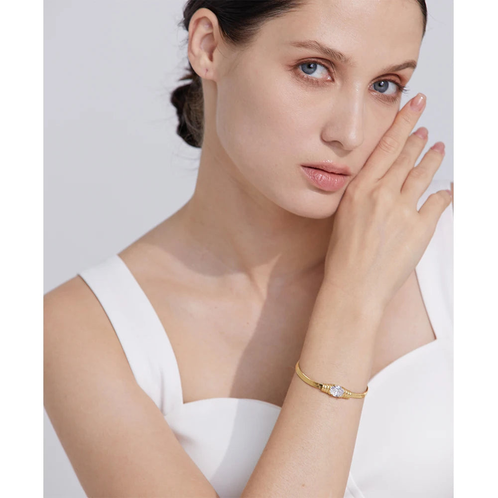 Yhpup Fashion Bling Texture Cubic Zirconia Snake Chain Stainless Steel Bracelet Bangle for Women PVD Gold Color Trendy Jewelry